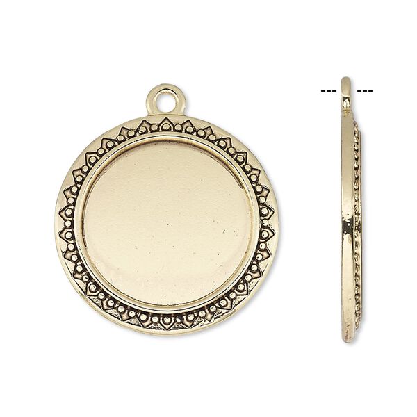 Drop, antique gold-finished "pewter" (zinc-based alloy), 24mm round with beaded and triangle edge with 18mm round setting. Sold per pkg of 6. image number 0