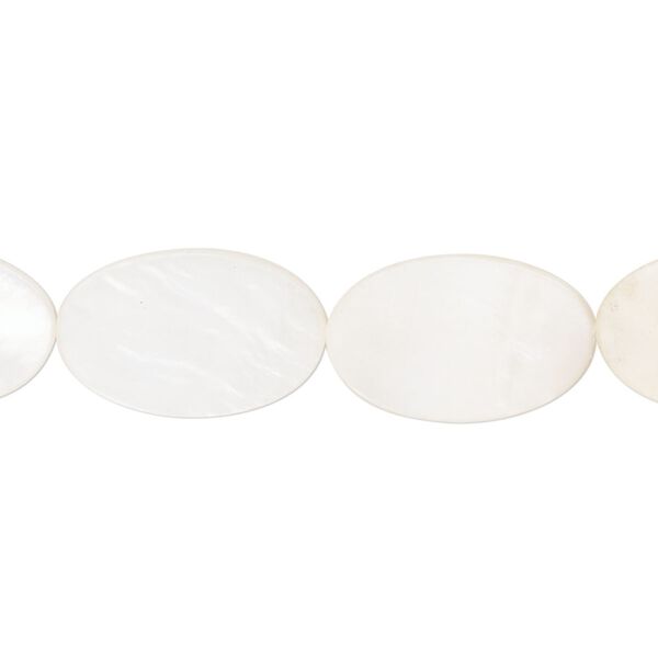 Bead, mother-of-pearl shell (bleached), 18x12mm flat oval, Mohs hardness 3-1/2. Sold per 15-1/2" to 16" strand. image number 0