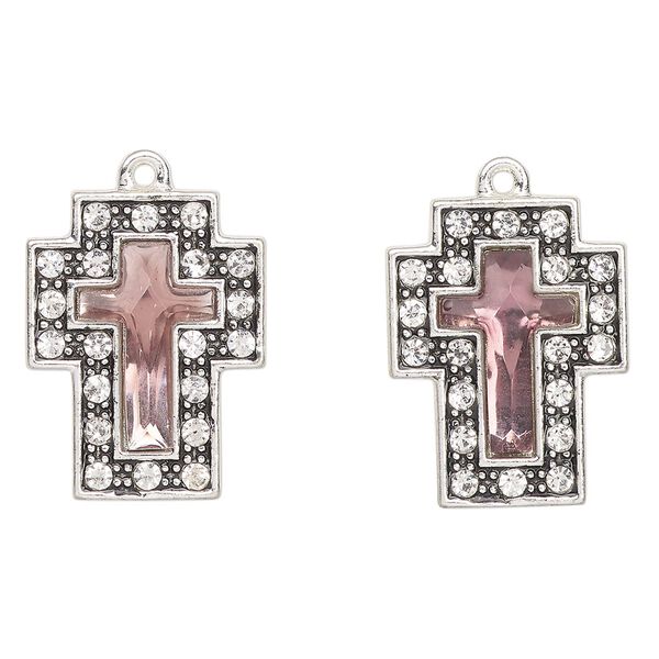 Drop, antique silver-finished "pewter" (zinc-based alloy) and glass, clear and purple, 23x17mm cross. Sold per pkg of 2. image number 0