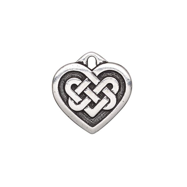 Charm, TierraCast®, antique silver-plated "pewter" (tin-based alloy), 19x17mm double-sided heart with Celtic knot. Sold per pkg of 2. image number 0