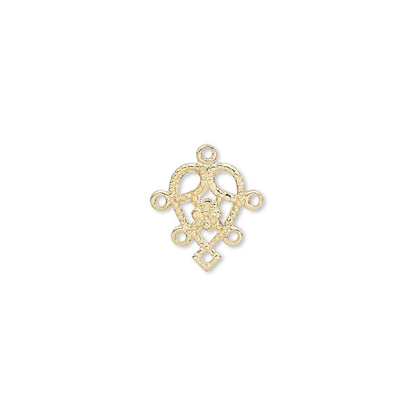 Drop, gold-plated brass, 11x8mm fancy heart with 4 loops. Sold per pkg of 50. image number 0