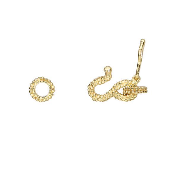 Clasp, S-hook, "vermeil", 10.5x7mm with beaded design and safety latch with (2) 5mm closed jump rings. Sold individually. image number 0