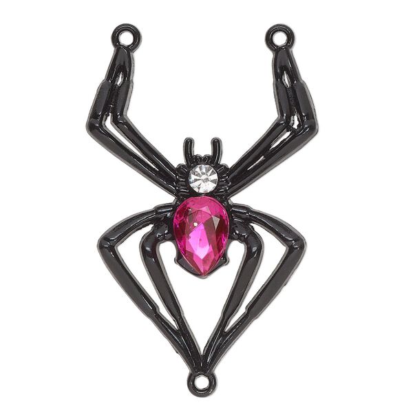 Connector, black-finished "pewter" (zinc-based alloy) and resin, black / pink / clear, 42x29mm spider Y-connector. Sold per pkg of 2. image number 0