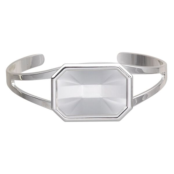 Bracelet, Almost Instant Jewelry®, cuff, silver-plated brass and "pewter" (zinc-based alloy), 60x24mm with 27x18.5mm emerald-cut setting, adjustable. Sold individually. image number 0