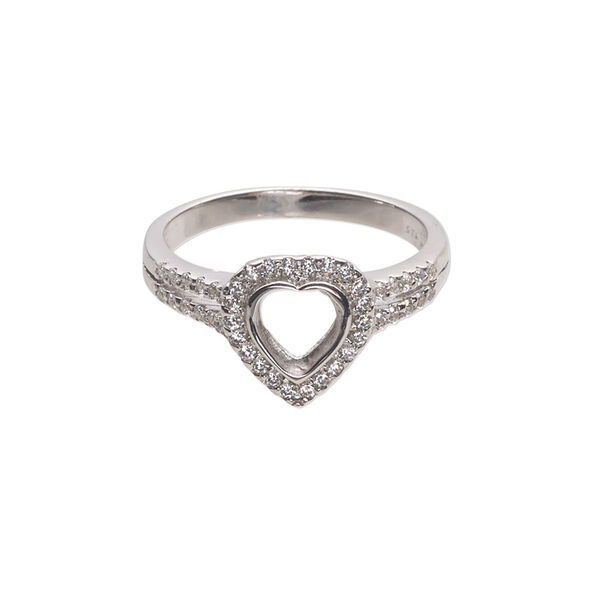Ring, cubic zirconia and rhodium-plated sterling silver, clear, 11.5mm wide with open back and 6mm heart glue-in setting, size 9. Sold individually. image number 0
