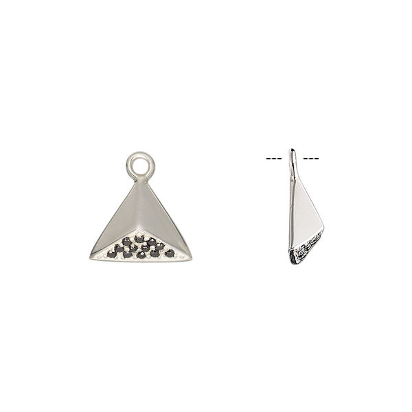 Drop, sterling silver and cubic zirconia, black, 11x10x10mm 3D triangle. Sold individually. image number 0