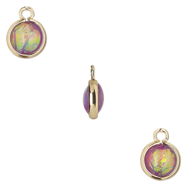 Drop, Opalized Ice™, "opal" (resin) and gold-finished brass, light purple, 9.5mm double-sided round. Sold per pkg of 6. image number 0