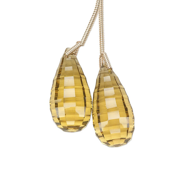 Golden quartz 1pkg2, hand-cut top-drilled checkerboard faceted briolette bead 20x10mm image number 0