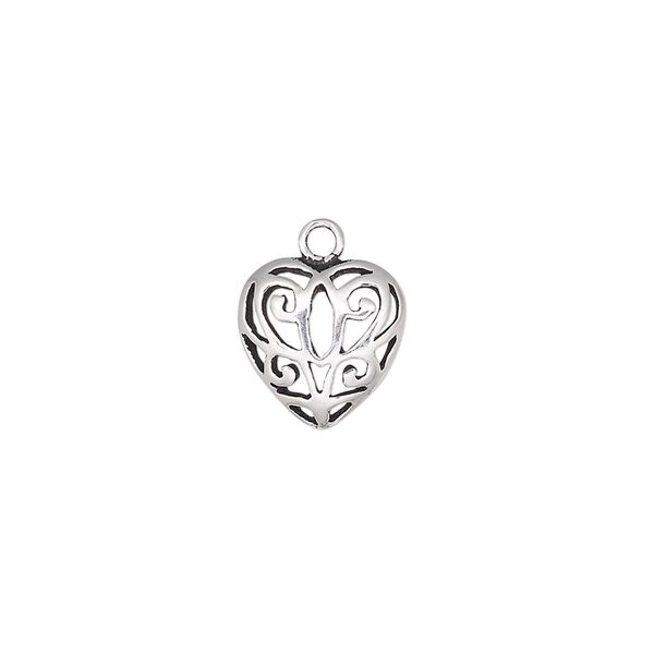 Charm, antiqued sterling silver, 11.5mm single-sided domed heart with cutout butterfly. Sold individually. image number 0