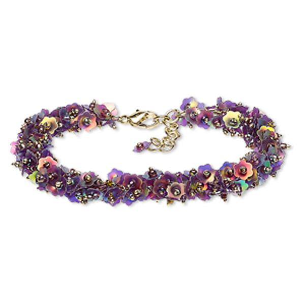 Bracelet, acrylic sequin with gold-finished brass and steel, light purple AB, 12mm wide with 6mm flower, 6-1/2 inches with 1-1/2 inch extender chain and lobster claw clasp. Sold individually. image number 0