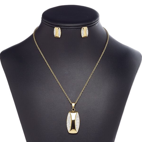 Necklace and earring set, epoxy / glass rhinestone / gold-finished stainless steel, white and clear, 35x19mm rectangle, 18-inch necklace with lobster claw clasp, 18mm earrings with post. Sold per set. image number 0