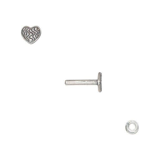 Washer and brad, antique silver-plated brass, 4x0.7mm and 10x6mm with 6x5mm heart with line design and 1.5mm post diameter. Sold per pkg of (2) 2-piece sets. image number 0