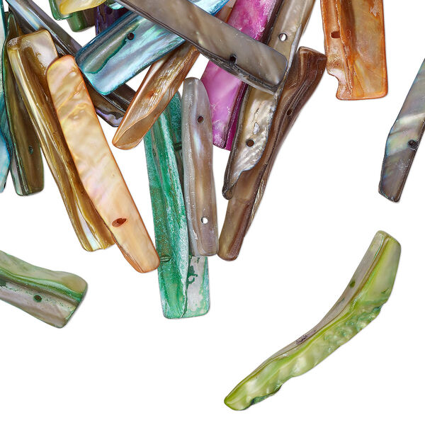 Bead mix, spacer, 2-strand, mother-of-pearl shell (dyed), mixed AB colors, 25x6mm-45x12mm stick, fits up to 21mm beads, Mohs hardness 3-1/2. Sold per 4-ounce pkg, approximately 40 beads. image number 0