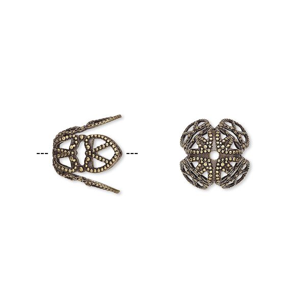 Bead cap, antique gold-plated brass, 11x10mm long filigree, fits 12-14mm bead. Sold per pkg of 10. image number 0