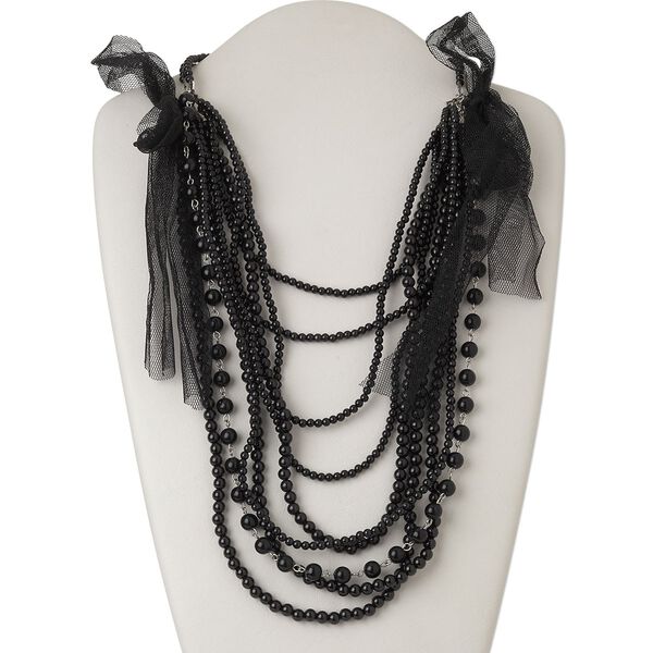 Necklace, mesh ribbon / acrylic / silver-finished steel, black, round, 26-inch continuous loop. Sold individually. image number 0