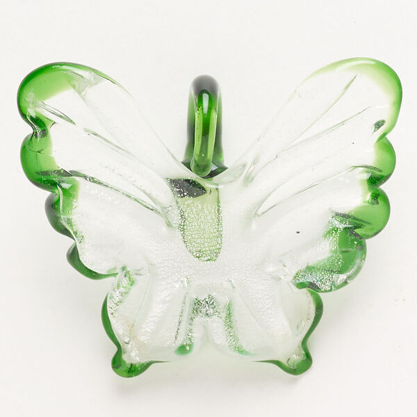Focal, lampworked glass, pkg/1, translucent and transparent clear and green with silver-colored foil, 44x30mm-54x40mm butterfly. image number 0