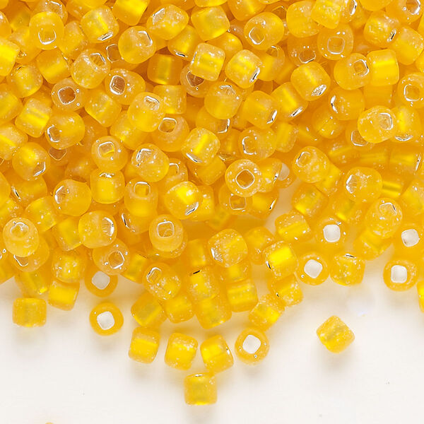Seed bead, Dyna-Mites™, glass, silver-lined translucent matte orange, #6 round with square hole. Sold per 40-gram pkg. image number 0