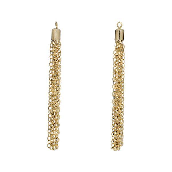 Focal, 1pkg2 gold-finished brass, 3 x 1/4 inch tassel with cable chain. image number 0