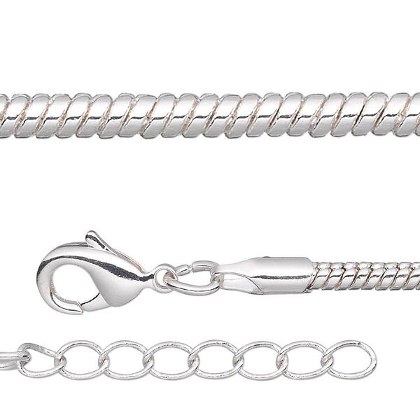 Chain, silver-plated brass, 2.5mm snake, 24 inches with 1-inch extender chain and lobster claw clasp. Sold per pkg of 2. image number 0