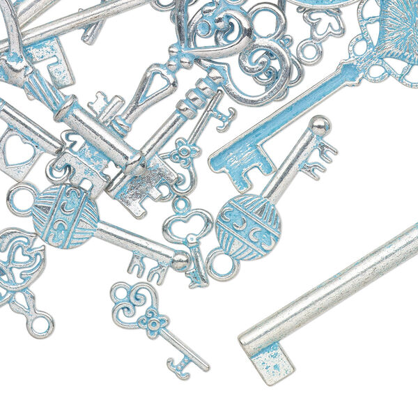 Focal and charm mix, antique silver-finished pewter (tin-based alloy), blue patina, 3/4 x 1/2 inch to 3 x 4/5 inch single- and double-sided key with mixed designs. Sold per pkg of 25. image number 0