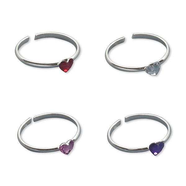 Toe ring, sterling silver and crystal, assorted colors, 3.5mm wide with heart, adjustable. Sold per pkg of 4. image number 0