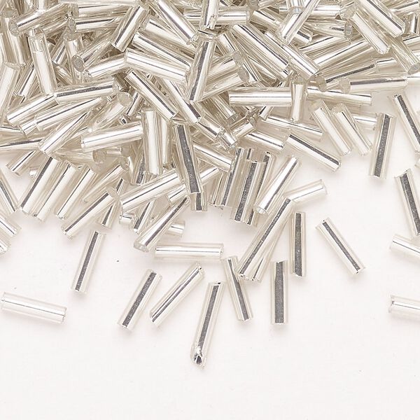 Bead, Ming Tree™, bugle bead, glass, pkg/1/4 pound, 1/4 inch, silver-lined translucent clear. image number 0