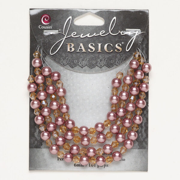 Bead assortment, glass and glass pearl, pkg/101, 4mm faceted bicone and 6mm round, antique rose peach and topaz. image number 0