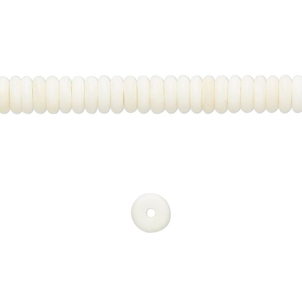 Bead, bone (bleached), white, 5x2mm rondelle, Mohs hardness 2-1/2. Sold per 15-1/2" to 16" strand. image number 0