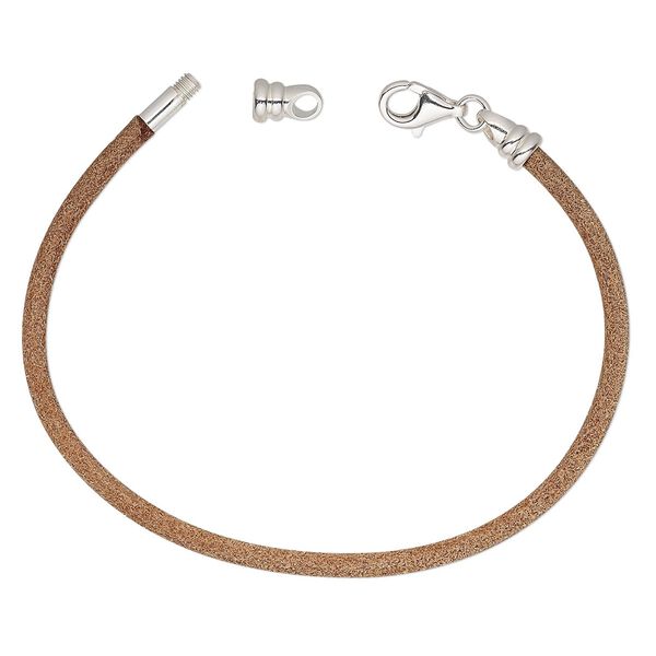 Bracelet cord, Dione®, leather (natural) and sterling silver, 3mm round with twist-off end, 7 inches with lobster claw clasp. Sold individually. image number 0