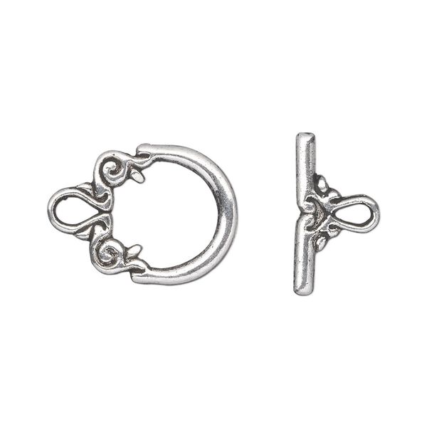 Clasp, toggle, antique silver-plated "pewter" (zinc-based alloy), 15x14mm double-sided fancy round. Sold per pkg of 20. image number 0