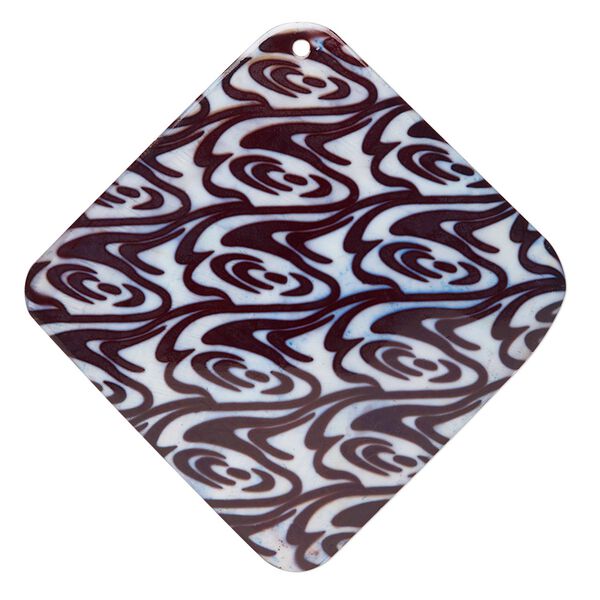 Focal, blister pearl shell (dyed), white / dark brown / purple, 3- to 3-1/4 inch diamond with swirl decal. Sold individually. image number 0