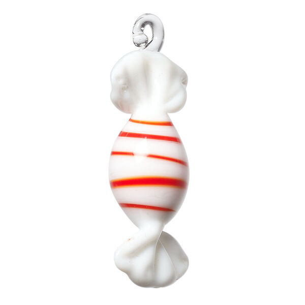 Focal, lampworked glass, white and red, 33x16mm 3D candy. Sold individually. image number 0