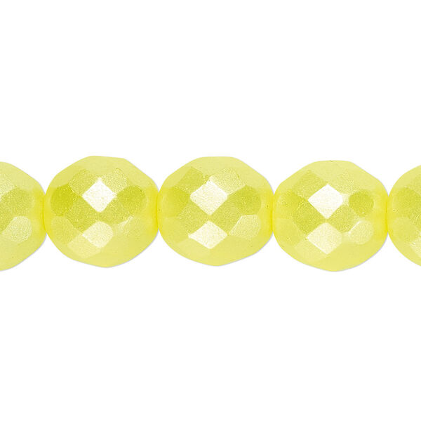 Bead, Czech fire-polished dipped décor glass, pkg/15-1/2 to 16 inches, 12mm faceted round, opaque pearlescent light yellow, (00030-02383). image number 0