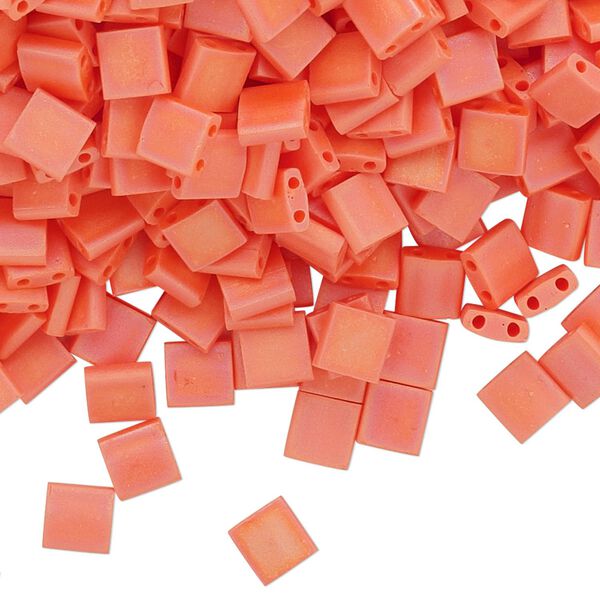 Seed bead, TILA®, glass, pkg/40g, 5mm full tila square, opaque matte rainbow orange, (TL-406FR). image number 0