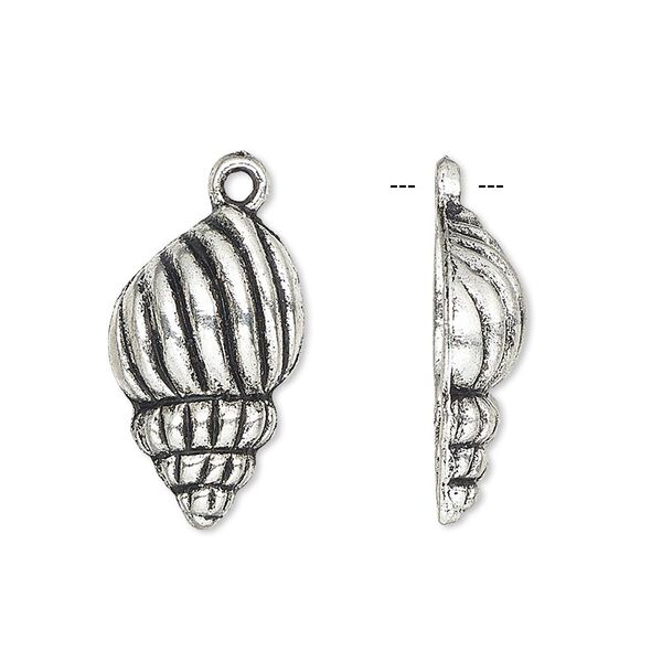 Charm, antique silver-plated "pewter" (zinc-based alloy), 22x13mm single-sided seashell. Sold per pkg of 4. image number 0
