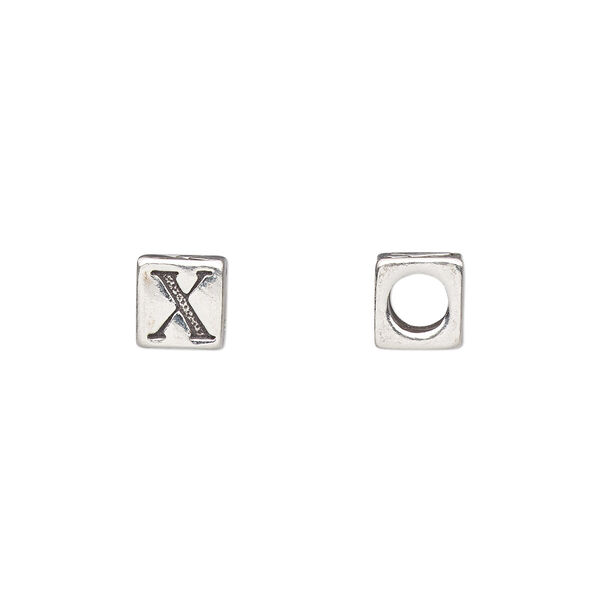 Bead, sterling silver, 5.5mm cube with alphabet letter "X." Sold individually. image number 0
