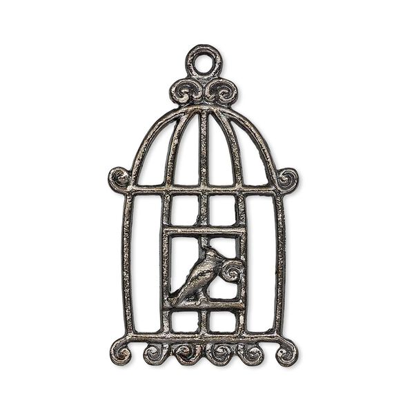 Focal, gunmetal-finished "pewter" (zinc-based alloy), 30.5x20mm single-sided bird in cage. Sold per pkg of 4. image number 0