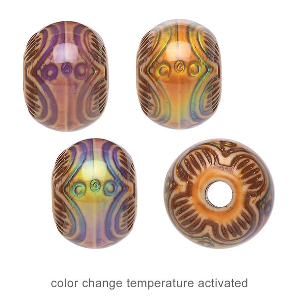 Bead, acrylic, tan and multicolored, 16x12mm color-changing rondelle with tribal design. Sold per pkg of 4. image number 0