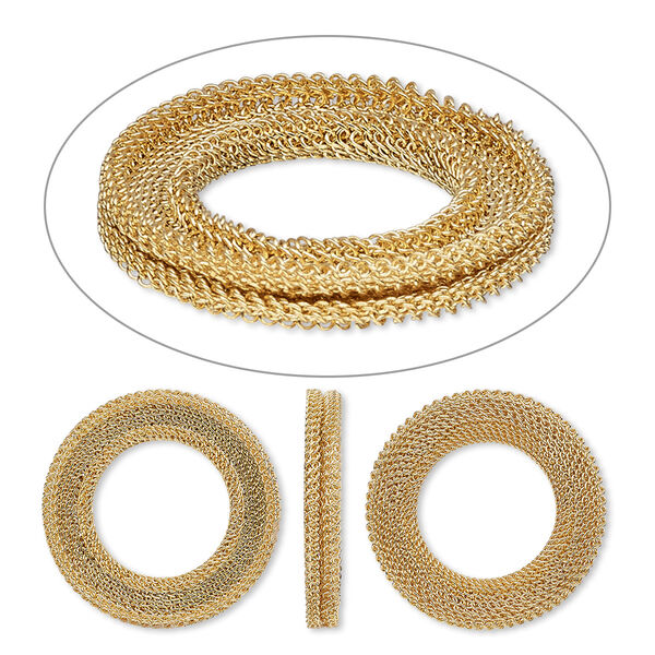 Component, gold-plated brass, 28mm two-sided round mesh donut with 2.5mm channel and flat back. Sold per pkg of 2. image number 0
