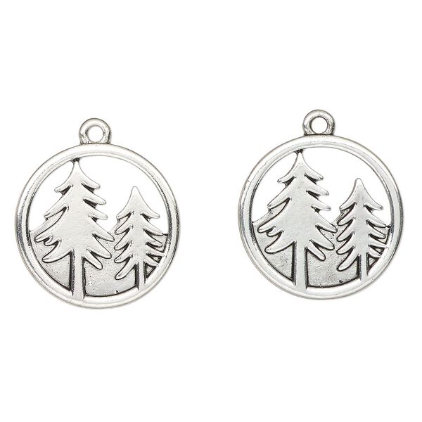 Charm, antique silver-finished "pewter" (zinc-based alloy), 23mm round with tree cutout. Sold per pkg of 2. image number 0