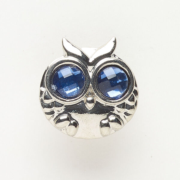 Bead, slide, brass and acrylic, pkg/1, 25x24mm owl, antique silver finish and blue. image number 0