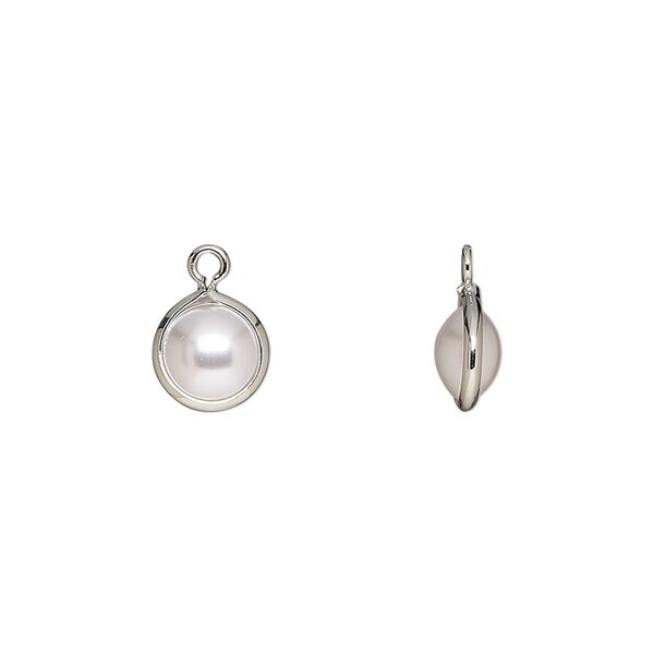 Drop, acrylic pearl and imitation rhodium-finished brass, opaque cream, 8mm double-sided round. Sold per pkg of 10. image number 0