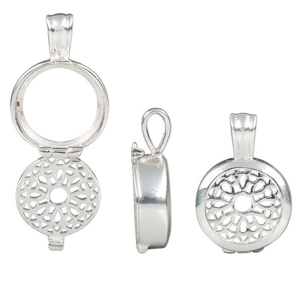 Pendant, sterling silver, 20x14mm hinged round with flower design and 12mm cabochon setting. Sold individually. image number 0