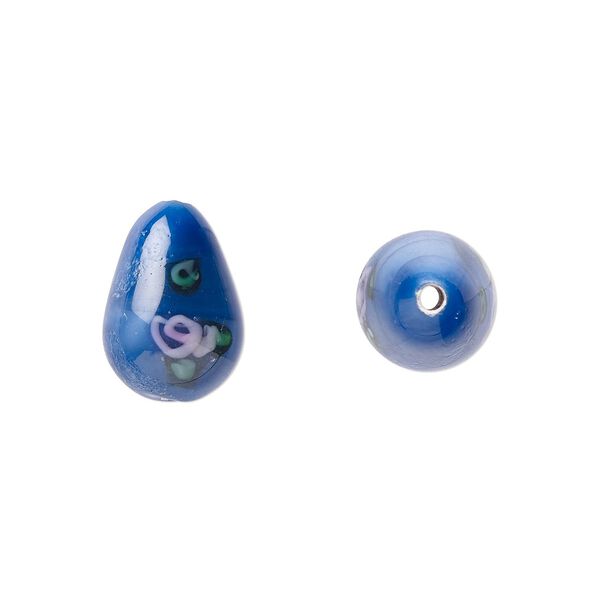 Bead, Czech lampworked glass, opaque blue / pink / green, 12x8mm-13x9mm teardrop with flower design. Sold per pkg of 4. image number 0
