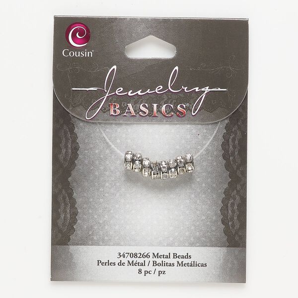Bead, silver-finished "pewter" (zinc-based alloy) and glass, clear, 7x3mm rondelle. Sold per pkg of 8. image number 0