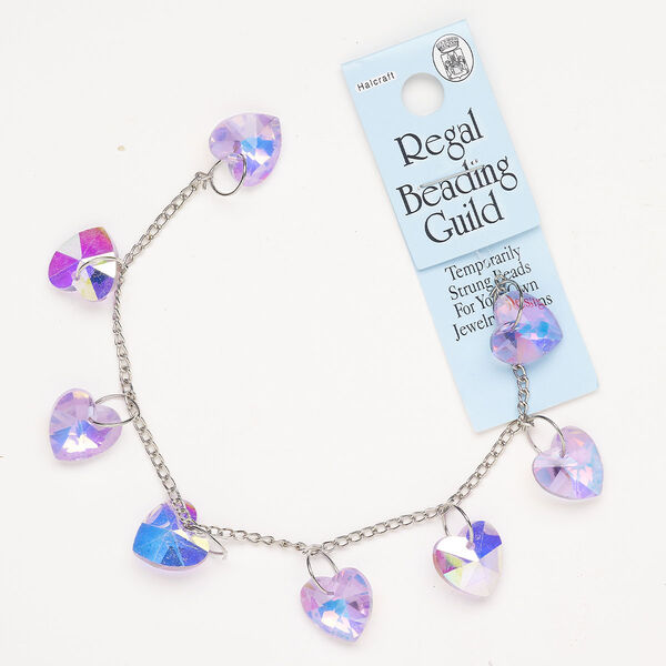 Chain steel glass 1 pk curb faceted heart drop, silver finish and purple AB 7 inch image number 0