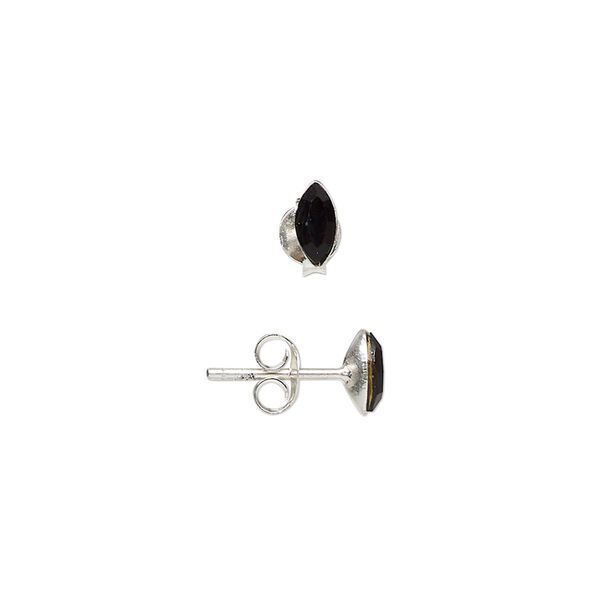 Earring 1pkg2 sterling silver, 6x3mm marquise earstud / earnuts, glass jet 1 pair image number 0