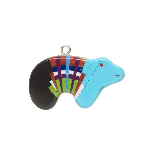 Charm, resin / aluminum / silver-finished copper, multicolored, 27x15mm single-sided Zuni-style bear. Sold individually. image number 0