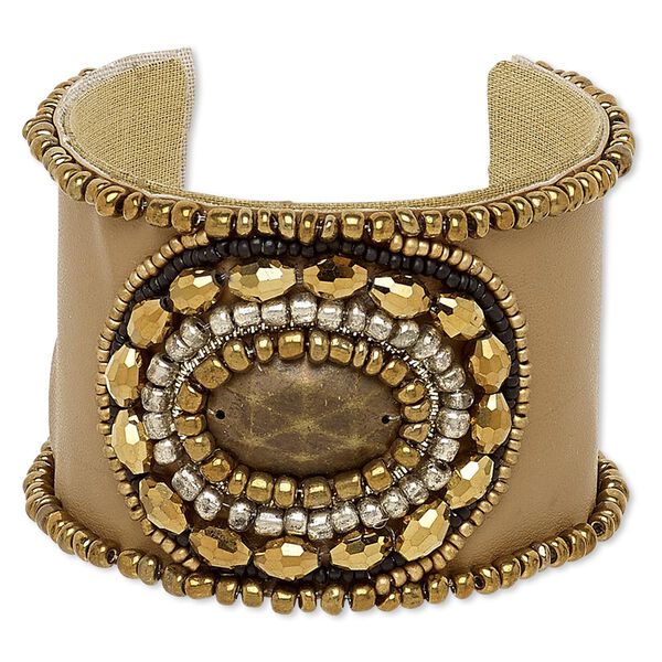 Bracelet, cuff, acrylic / leatherette / cotton / glass / steel, multicolored, 53mm wide with oval design, adjustable from 6-1/2 to 7 inches. Sold individually. image number 0