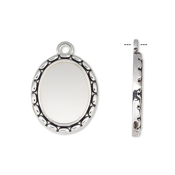 Drop, antique silver-finished "pewter" (zinc-based alloy), 21x17mm oval with oval edge and 16x12mm oval setting. Sold per pkg of 6. image number 0